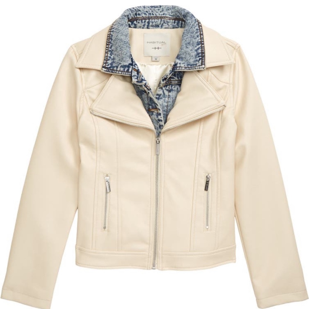 Habitual Girl Size 14 Cream Faux Leather & Denim Layered Jacket Collared NEW NWT